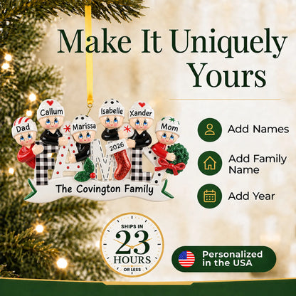 Make it yours: add names and year to the personalized plaid family of 6 christmas ornament