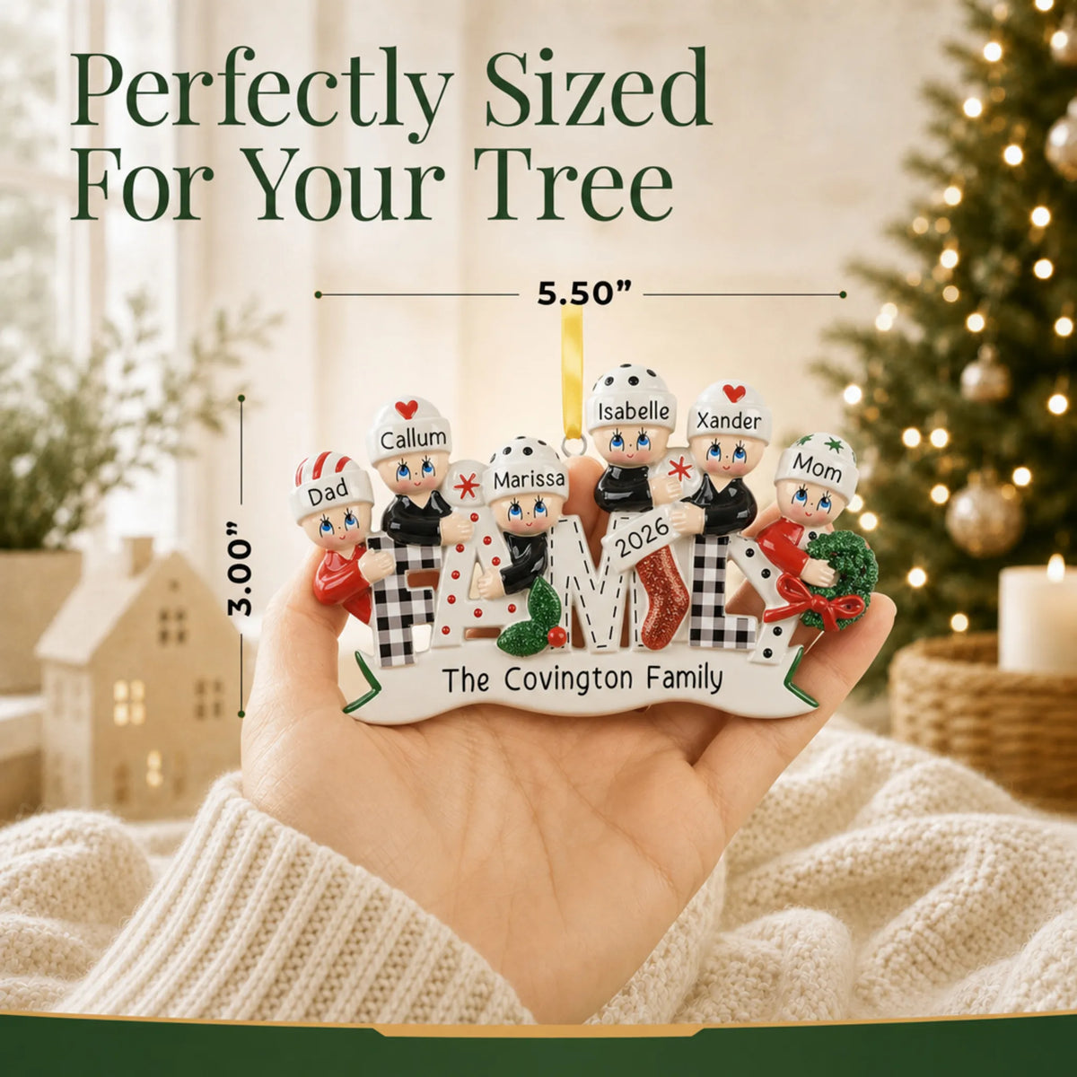 Size guide: the personalized plaid family of 6 christmas ornament is 5.50 in wide by 3.00 in tall, shown in hand