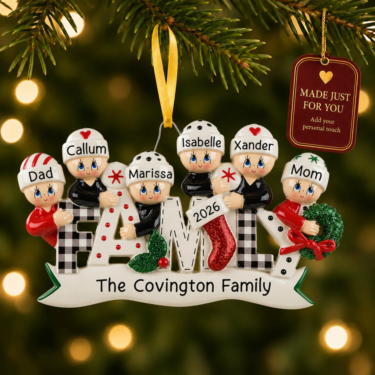 Plaid family of 6 christmas ornament hanging on a lit Christmas tree with a Made Just For You gift tag