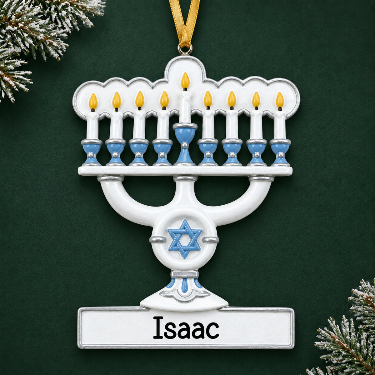 Personalized Menorah Hanukkah christmas ornament on a dark green pine background