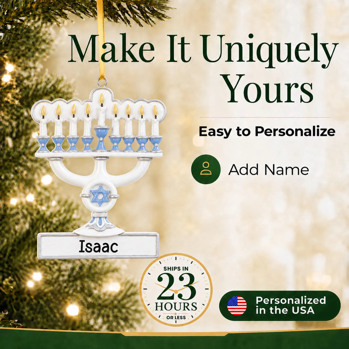 Make it yours: personalize the Menorah Hanukkah christmas ornament