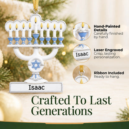 Hand-painted details and laser engraved personalization on the Menorah Hanukkah christmas ornament, ribbon included