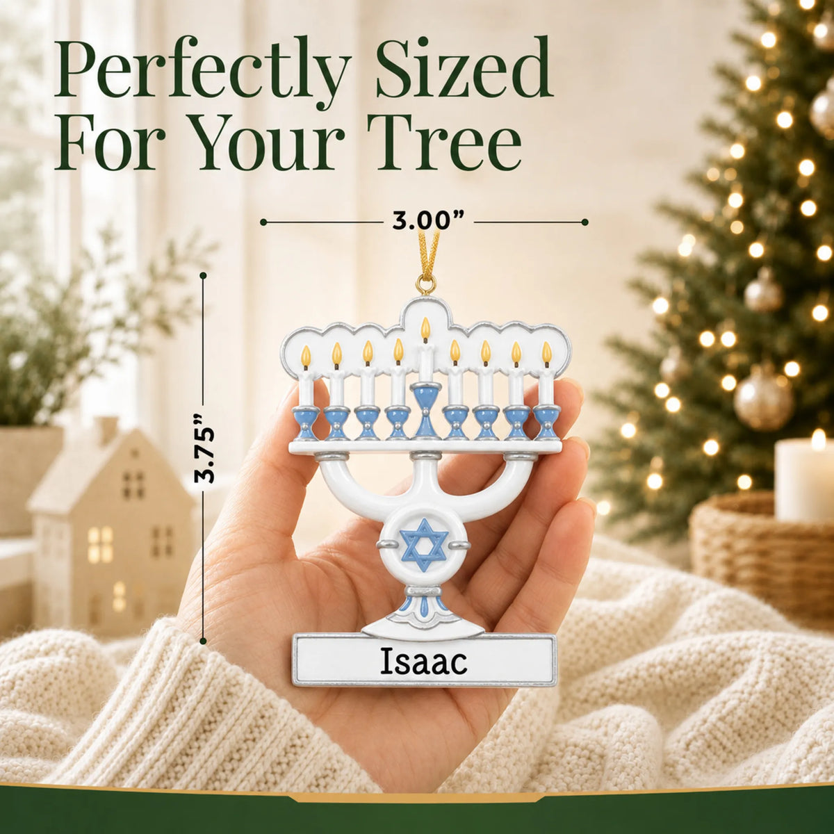 Size guide: the personalized Menorah Hanukkah christmas ornament is 3.00 in wide by 3.75 in tall, shown in hand