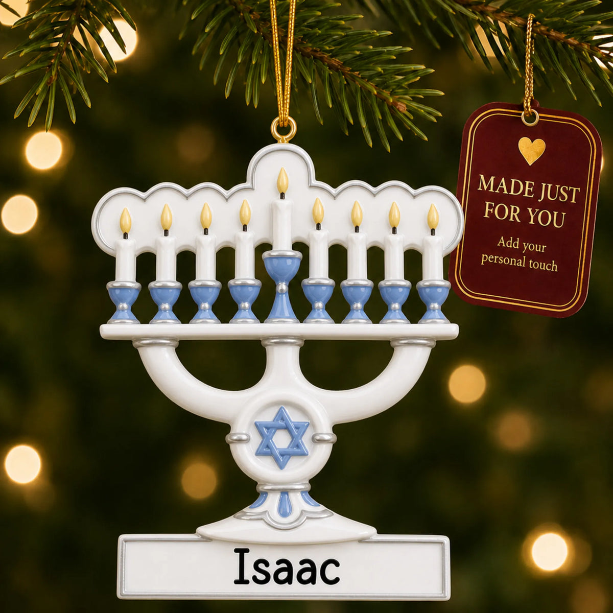 Menorah Hanukkah christmas ornament hanging on a lit Christmas tree with a Made Just For You gift tag