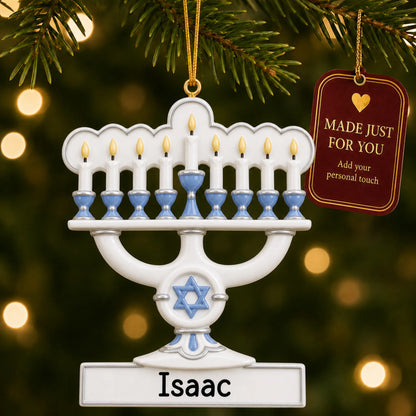 Menorah Hanukkah christmas ornament hanging on a lit Christmas tree with a Made Just For You gift tag