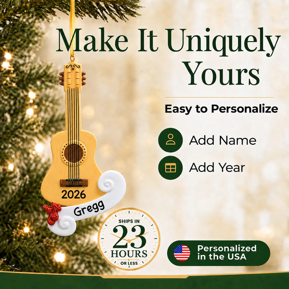 Make it yours: add name and year to the personalized acoustic guitar christmas ornament
