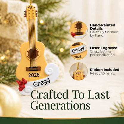 Hand-painted details and laser engraved personalization on the acoustic guitar christmas ornament, ribbon included