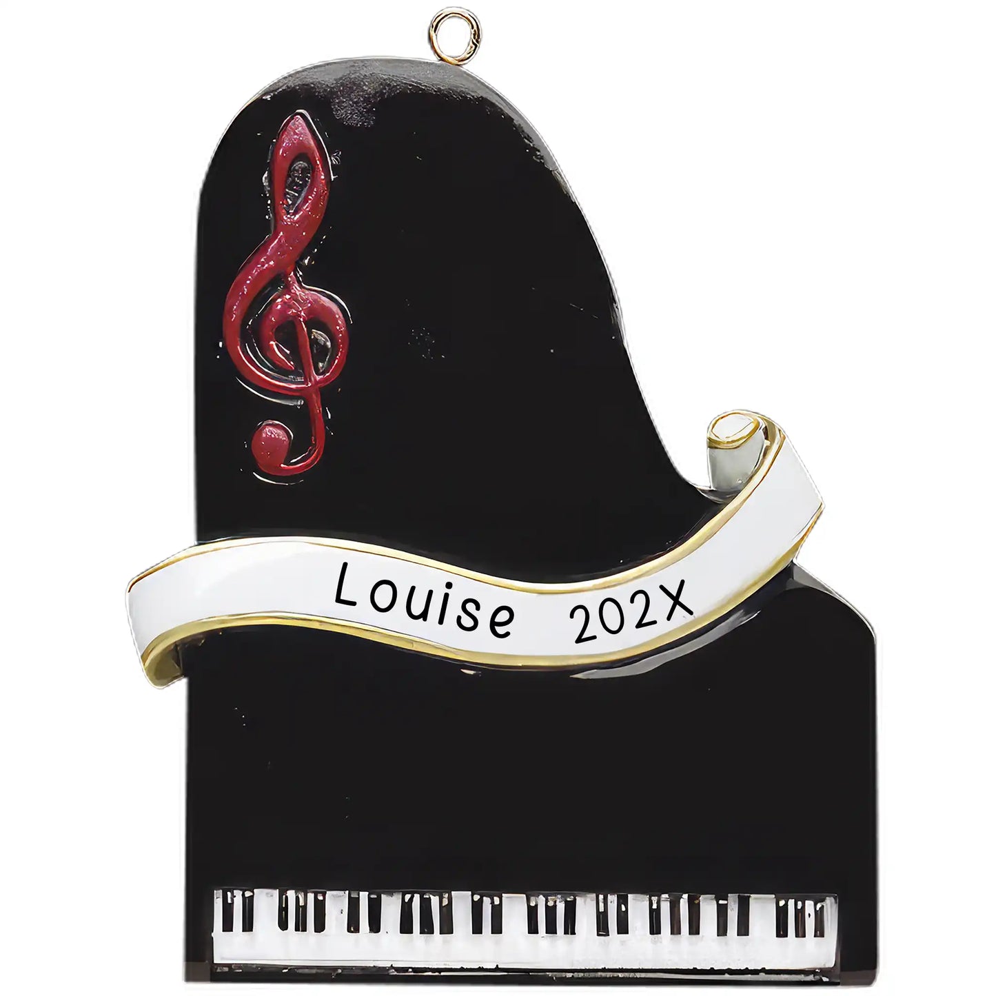 A black piano keyboard design with a G clef and a text 'Louise 202X'.