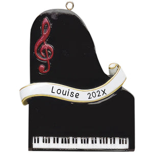 Personalized black grand piano ornament with red treble clef, hand-lettered with a name and year