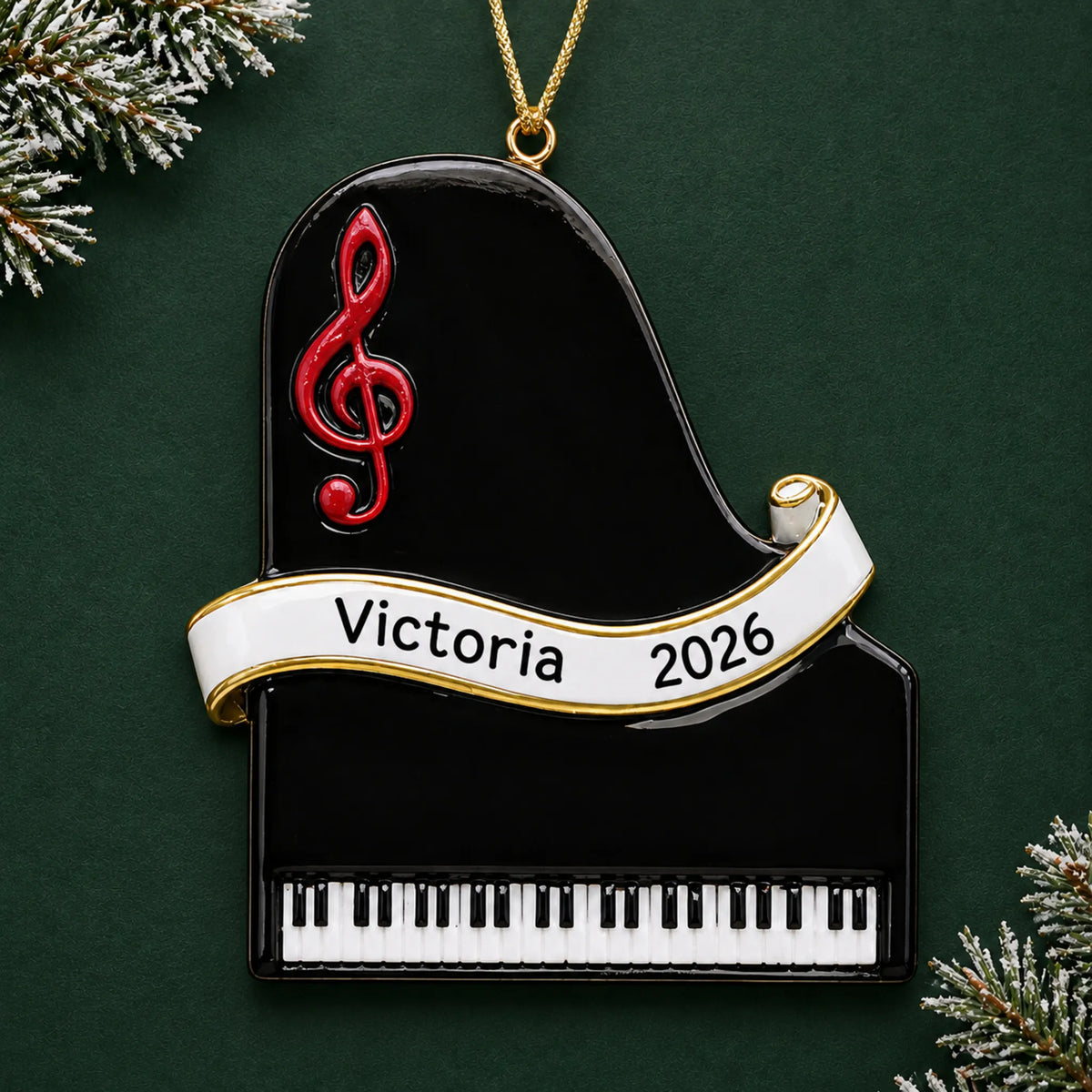 Personalized grand piano christmas ornament on a dark green pine background
