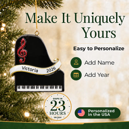 Make it yours: add name and year to the personalized grand piano christmas ornament