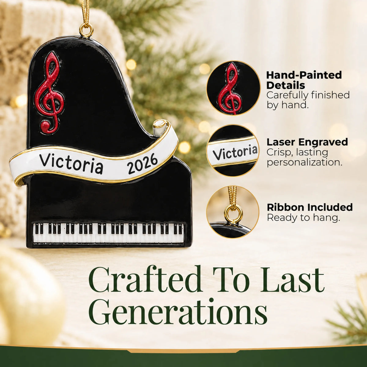 Hand-painted details and laser engraved personalization on the grand piano christmas ornament, ribbon included