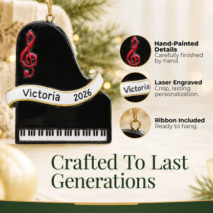 Hand-painted details and laser engraved personalization on the grand piano christmas ornament, ribbon included