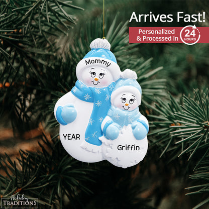 Single Parent Snowman With 1 Child Christmas Ornament