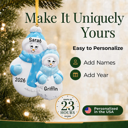 Make it yours: add names and year to the personalized single parent snowman with 1 child christmas ornament