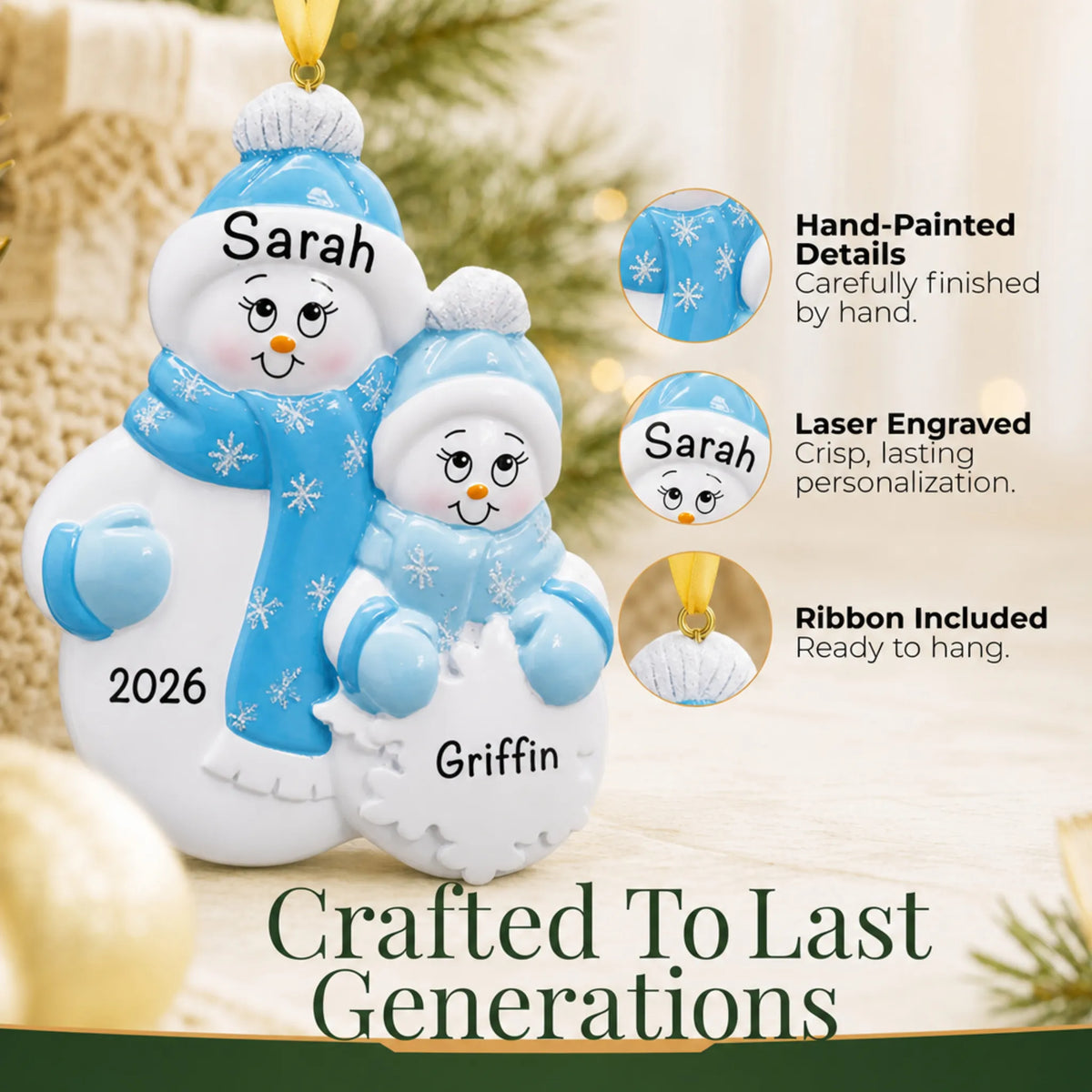Hand-painted, laser engraved single parent snowman with 1 child christmas ornament, ribbon included
