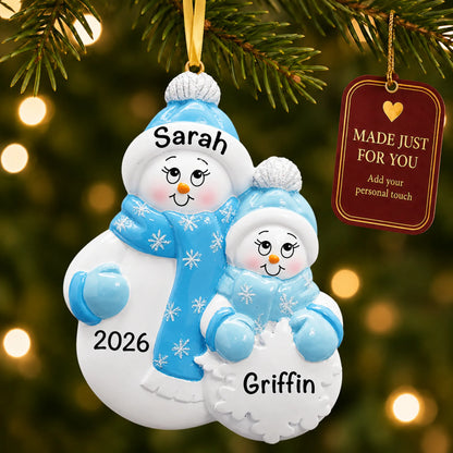 Single parent snowman with 1 child christmas ornament hanging on a lit Christmas tree with a Made Just For You gift tag