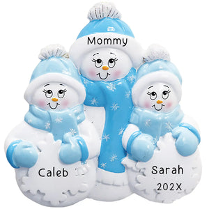 Personalized single parent snowman ornament with two children in matching blue hats and scarves