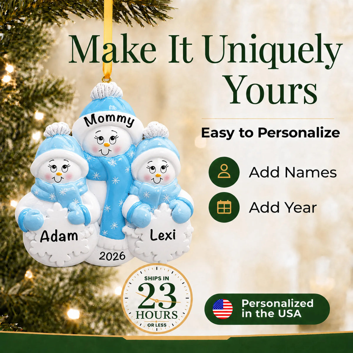 Make it yours: add names and year to the personalized single parent snowman with 2 children christmas ornament