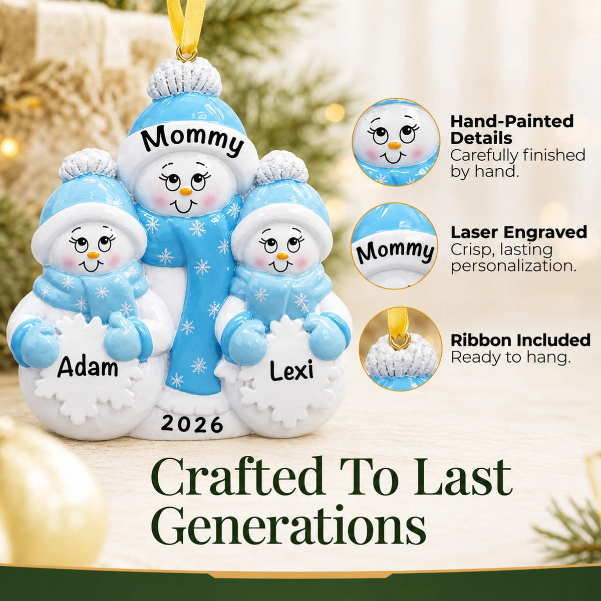 Hand-painted, laser engraved single parent snowman with 2 children christmas ornament, ribbon included