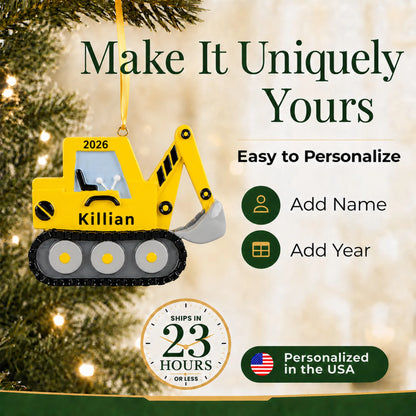 Make it yours: add name and year to the personalized excavator christmas ornament