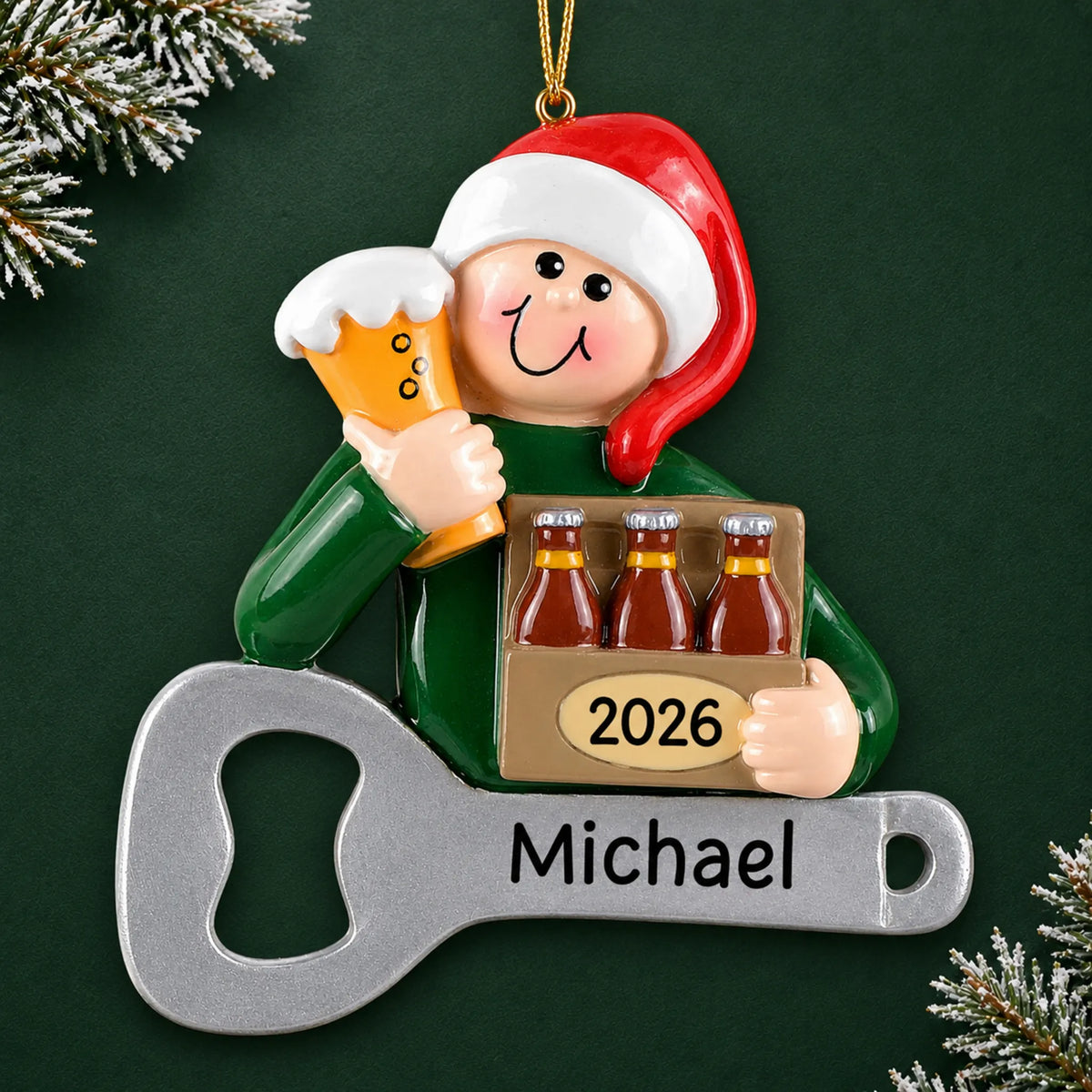 Personalized Beer Lover christmas ornament on a dark green pine background