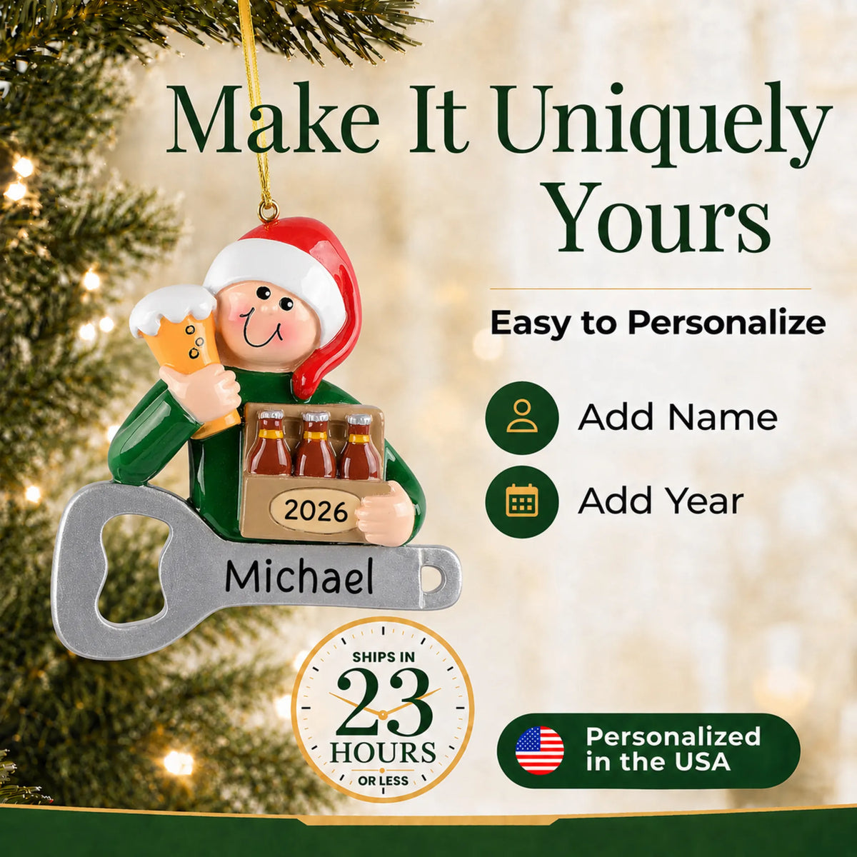 Make it yours: personalize the Beer Lover christmas ornament