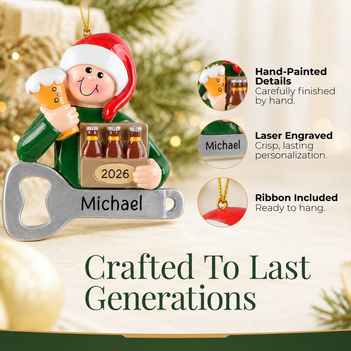 Hand-painted details and laser engraved personalization on the Beer Lover christmas ornament, ribbon included