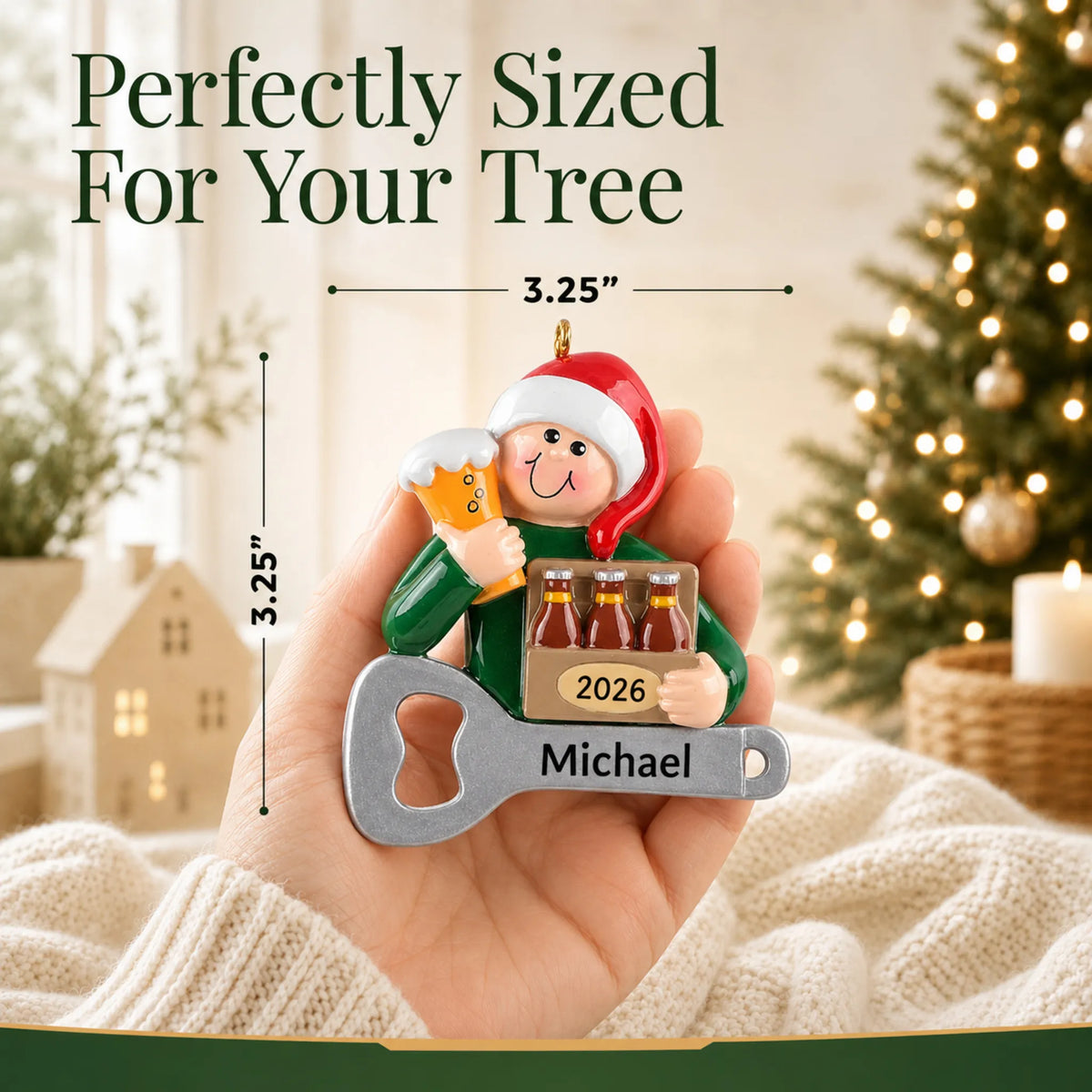 Size guide: the personalized Beer Lover christmas ornament is 3.25 in wide by 3.25 in tall, shown in hand