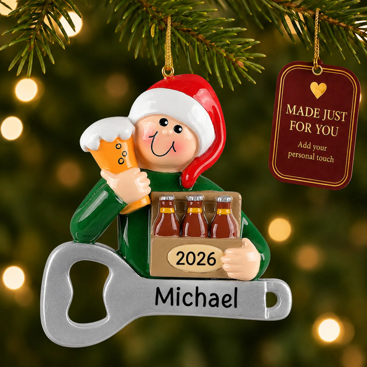 Beer Lover christmas ornament hanging on a lit Christmas tree with a Made Just For You gift tag