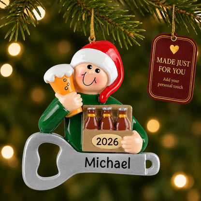 Beer Lover christmas ornament hanging on a lit Christmas tree with a Made Just For You gift tag