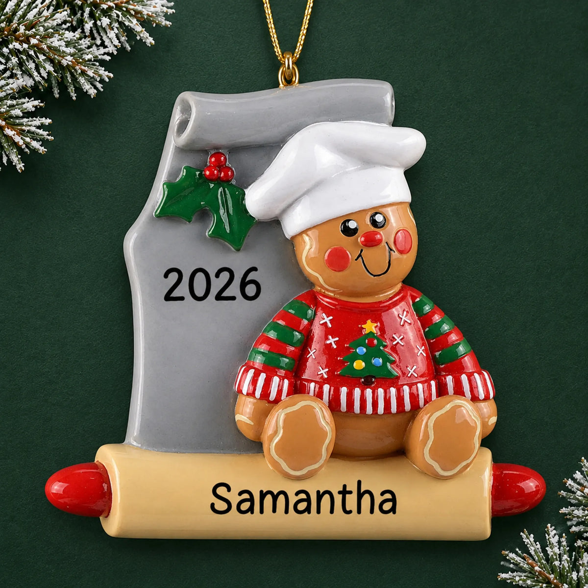 Personalized Gingerbread Baker christmas ornament on a dark green pine background