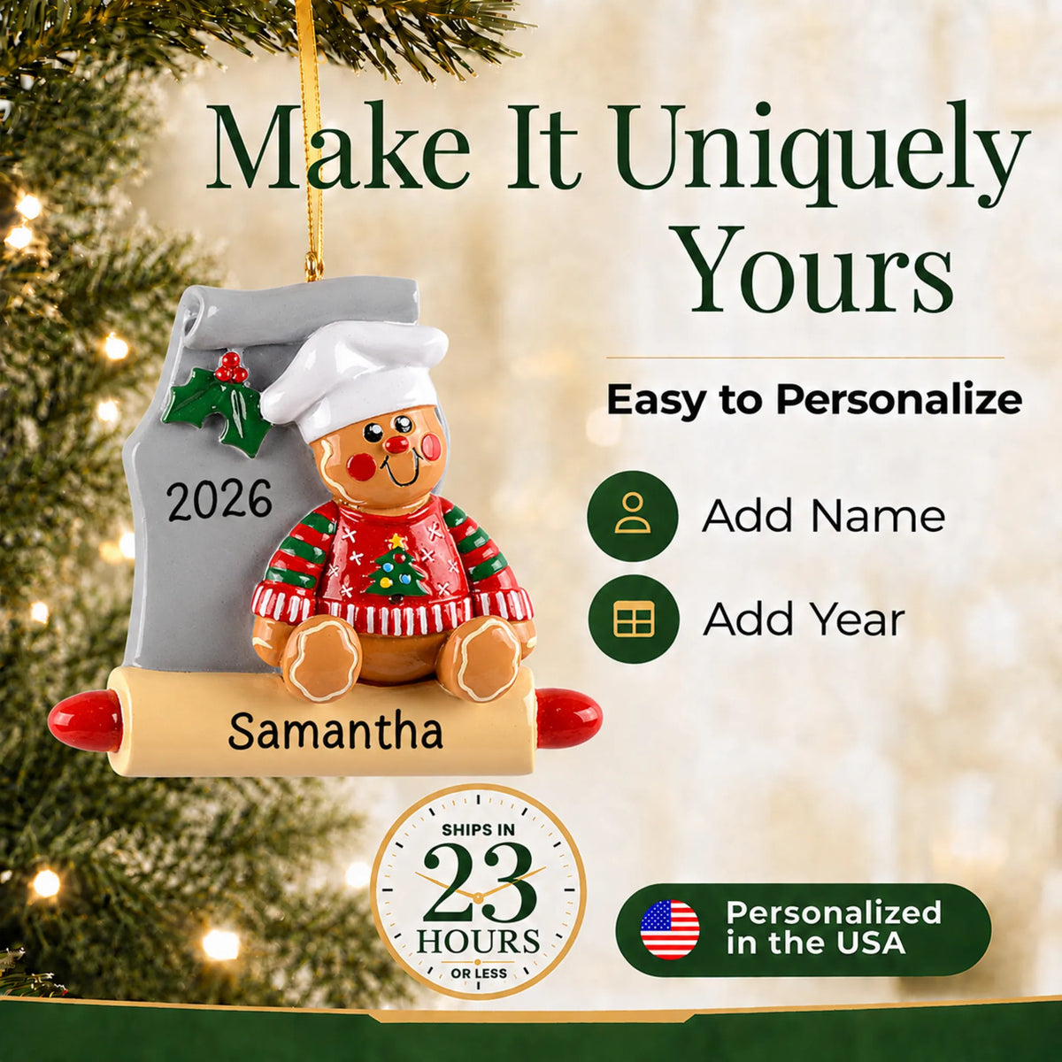 Make it yours: personalize the Gingerbread Baker christmas ornament with a name and the year