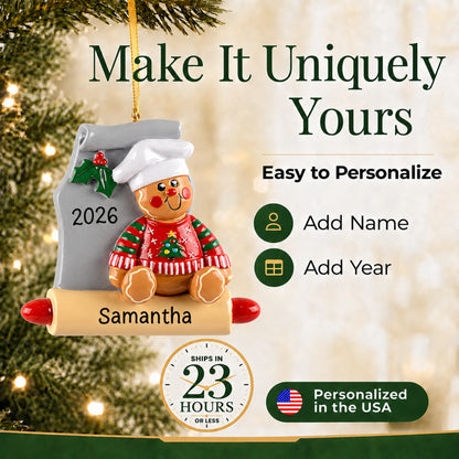 Make it yours: personalize the Gingerbread Baker christmas ornament with a name and the year