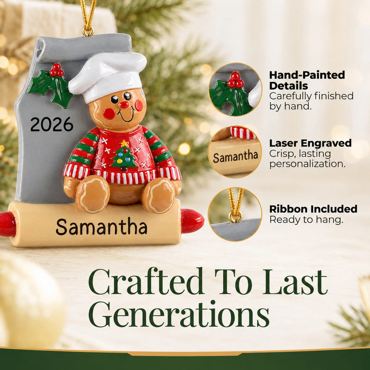 Hand-painted, laser engraved Gingerbread Baker christmas ornament, ribbon included