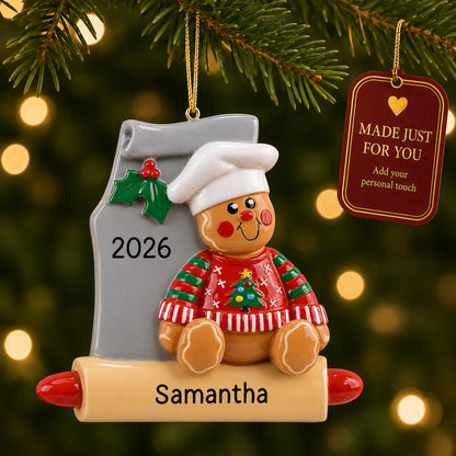 Gingerbread Baker christmas ornament hanging on a lit Christmas tree with a Made Just For You gift tag