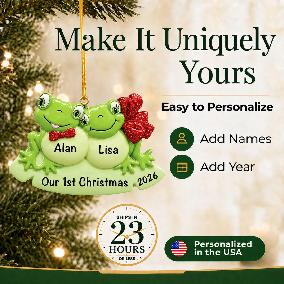 Make it yours: add names to the personalized frog couple christmas ornament