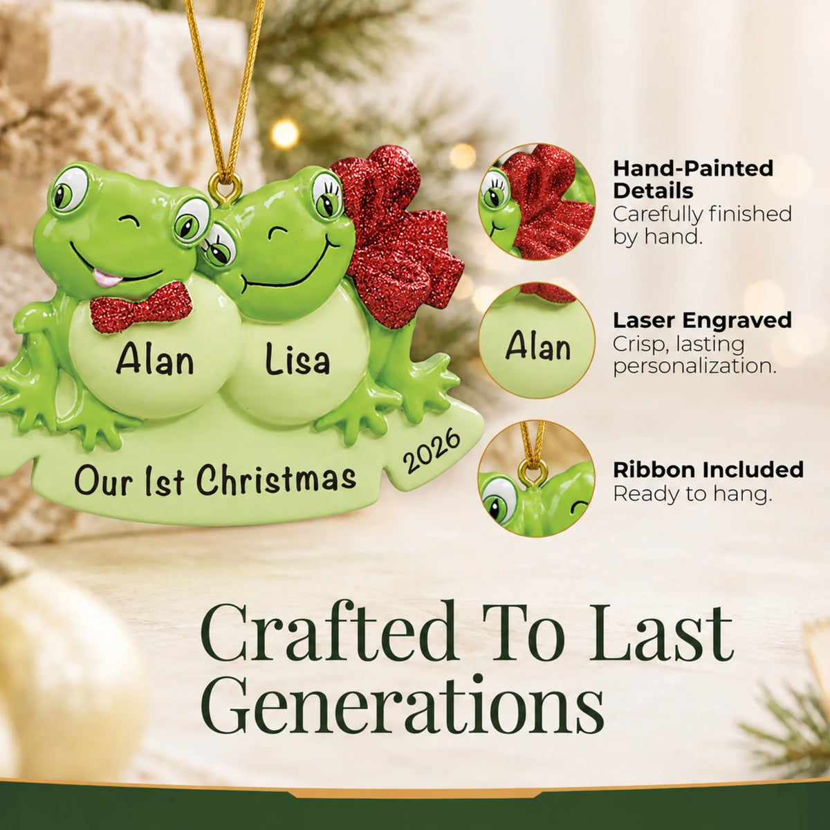 Hand-painted details and laser engraved personalization on the frog couple christmas ornament, ribbon included