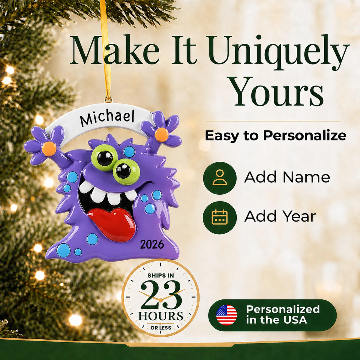 Make it yours: add name and year to the personalized purple monster christmas ornament