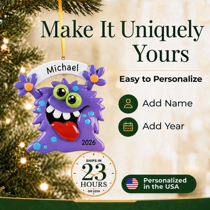 Make it yours: add name and year to the personalized purple monster christmas ornament