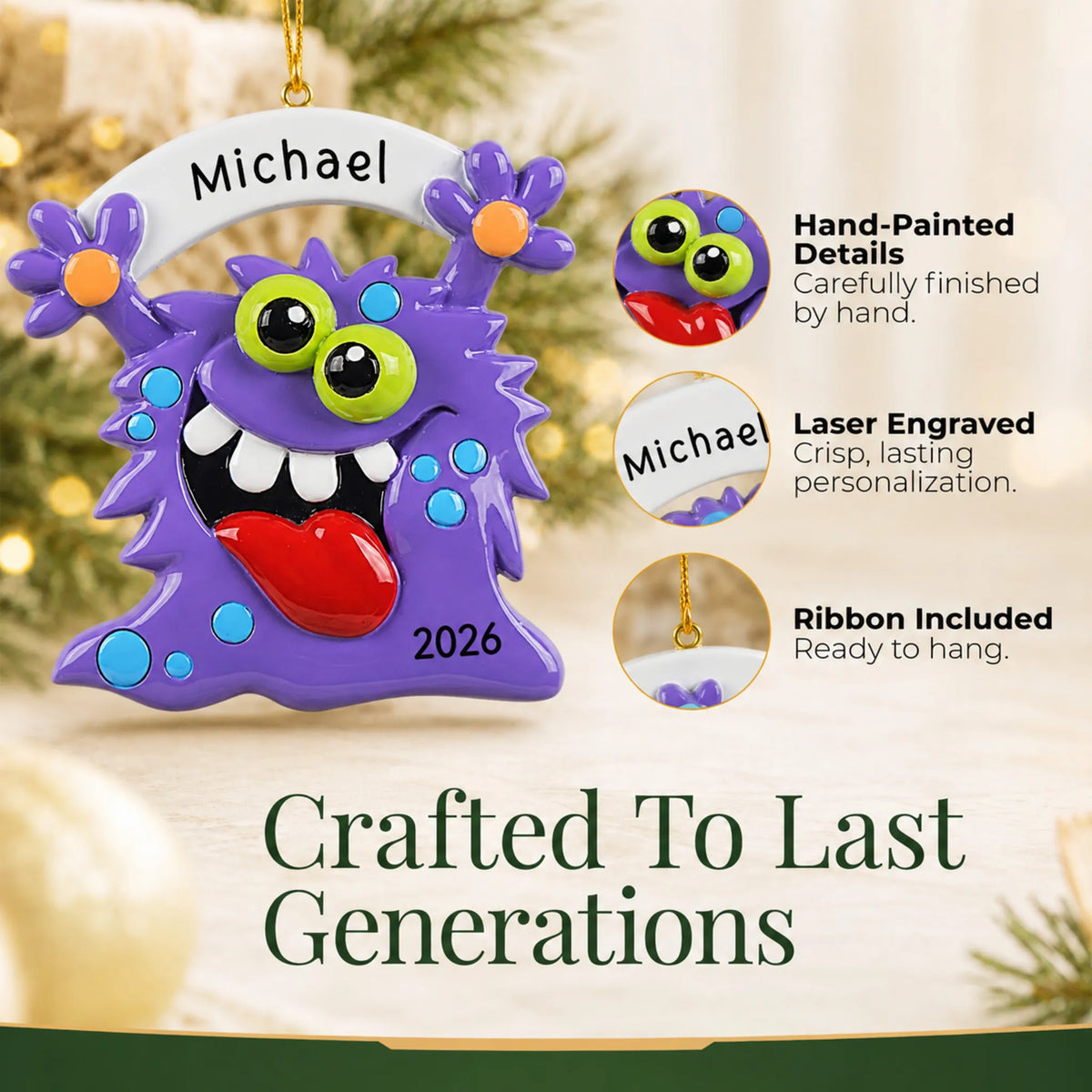 Hand-painted details and laser engraved personalization on the purple monster christmas ornament, ribbon included