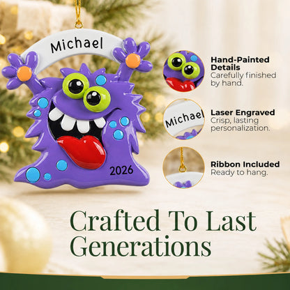 Hand-painted details and laser engraved personalization on the purple monster christmas ornament, ribbon included