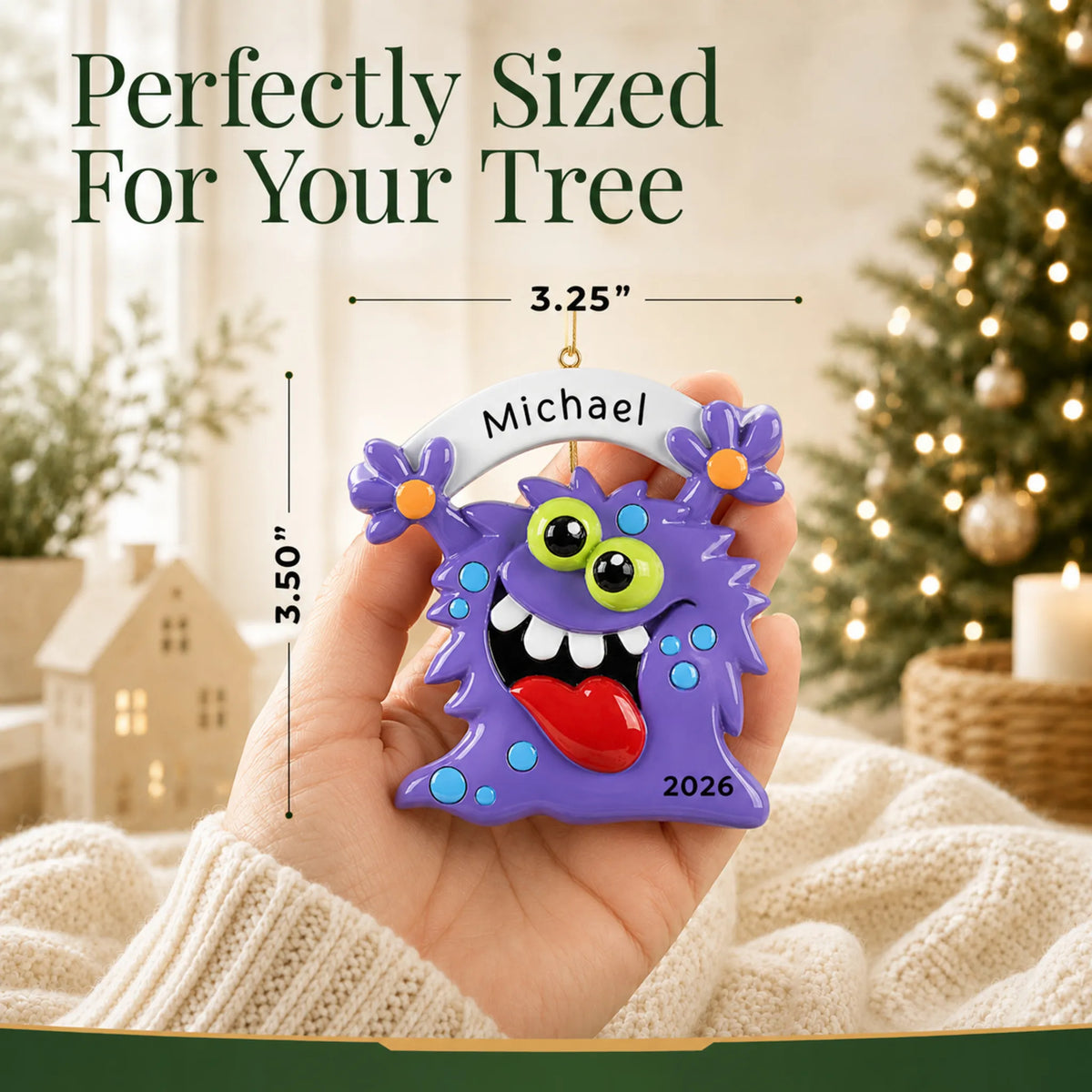 Size guide: the personalized purple monster christmas ornament is 3.25 in wide by 3.50 in tall, shown in hand