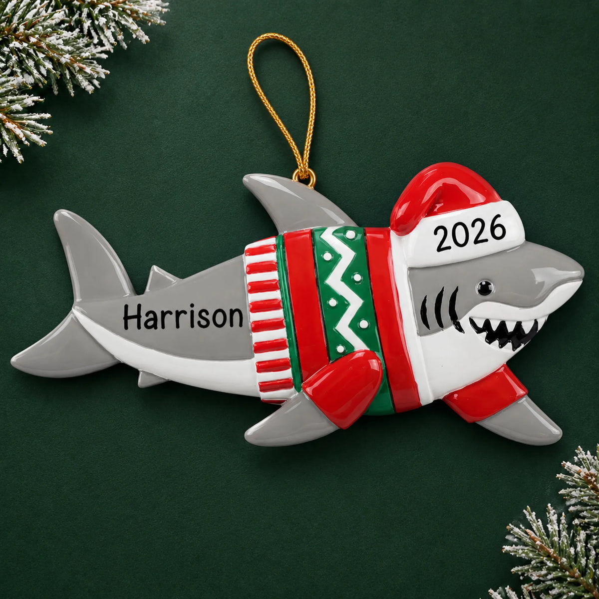 Personalized shark fun christmas ornament on a dark green pine background