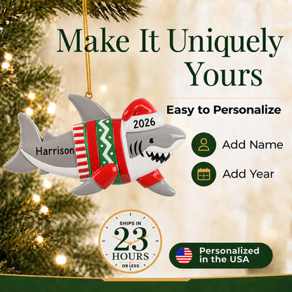 Make it yours: add a name and year to the personalized shark fun christmas ornament