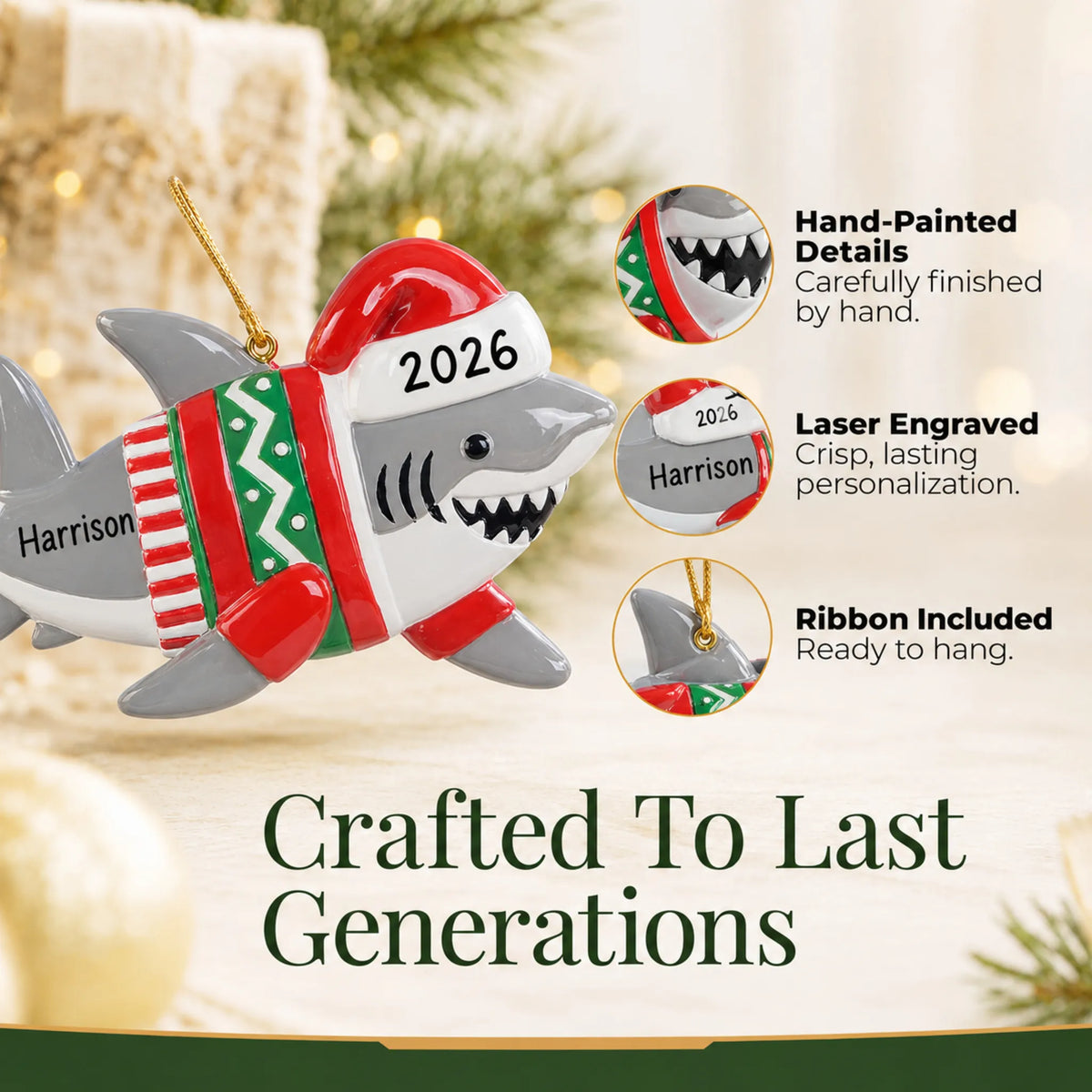 Hand-painted details and laser engraved personalization on the shark fun christmas ornament, ribbon included