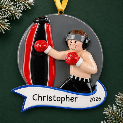 Personalized boxing guy christmas ornament on a dark green pine background