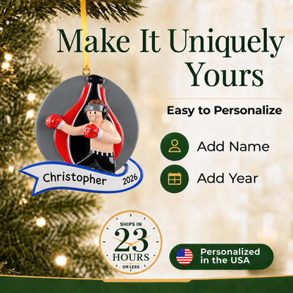 Make it yours: add name and year to the personalized boxing guy christmas ornament
