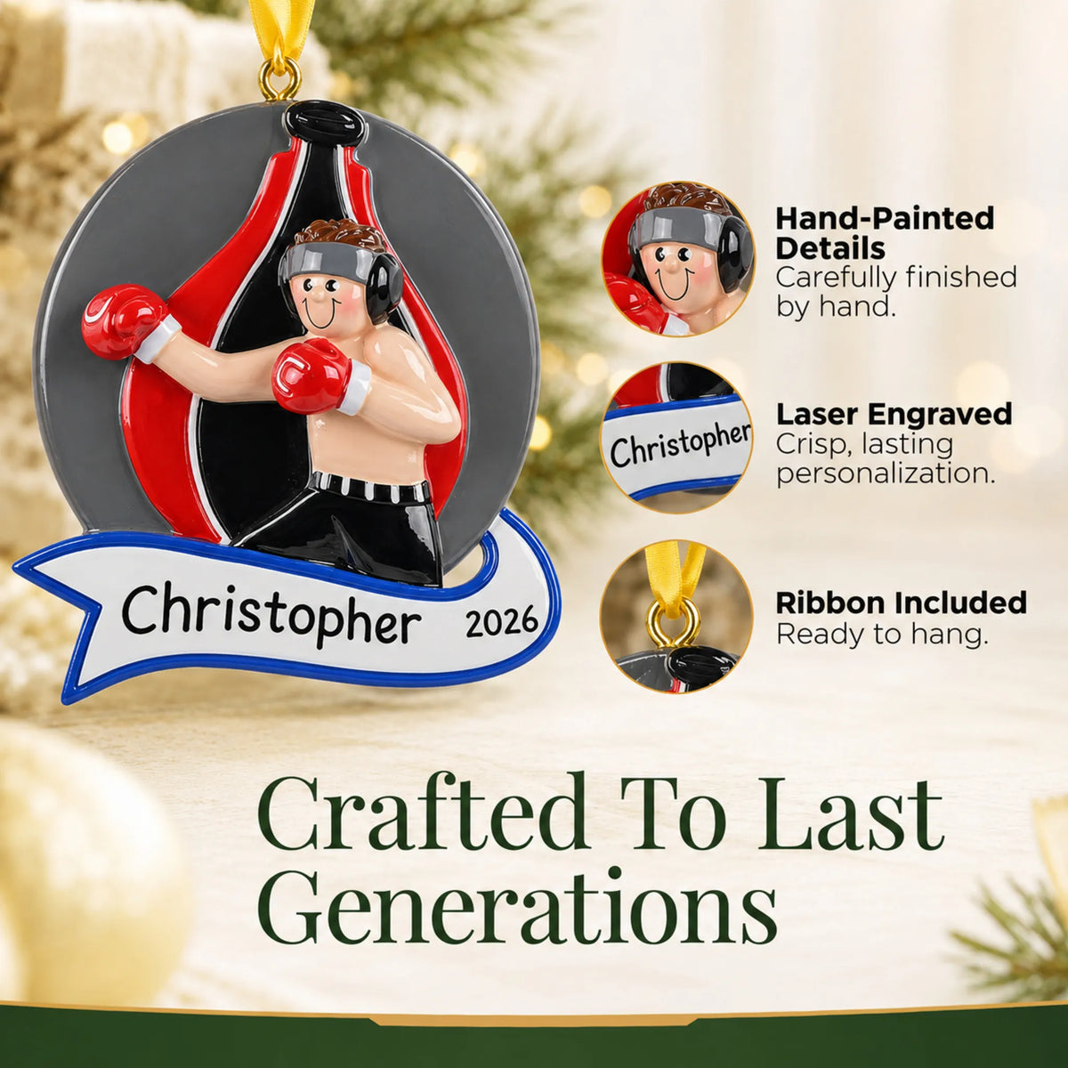 Hand-painted details and laser engraved personalization on the boxing guy christmas ornament, ribbon included
