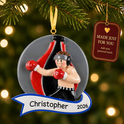 Boxing guy christmas ornament hanging on a lit Christmas tree with a Made Just For You gift tag